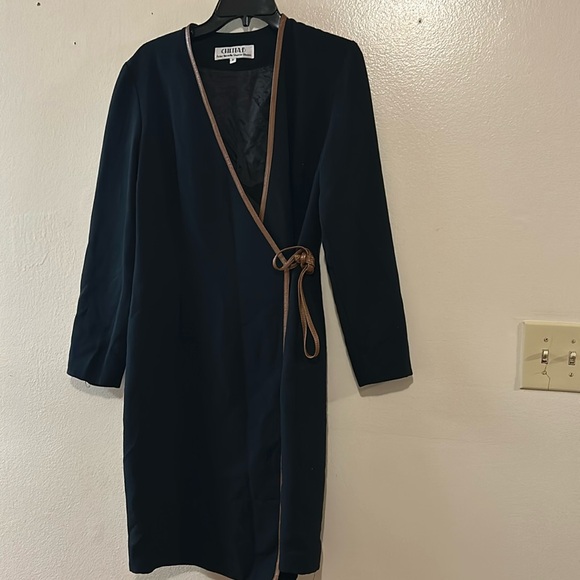 Vintage Chetta B Peter Novello Sherrie Brown Leather Trim Navy Wrap Dress SZ 8 - Picture 1 of 10